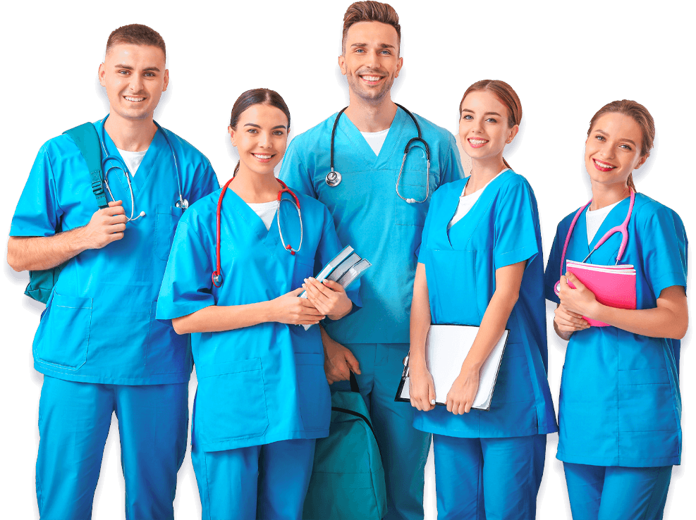 cinque operatori socio-sanitari con divise azzurre e diverse attrezzature mediche