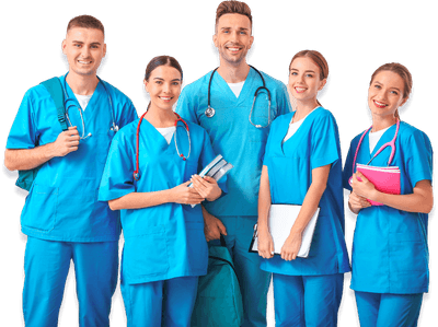 cinque operatori socio-sanitari con divise azzurre e diverse attrezzature mediche